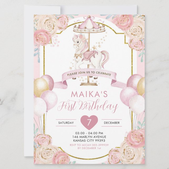 Pink and Gold Magical Girl Carousel Birthday Invitation (Front)