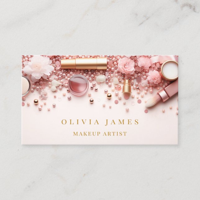 Pink and Gold Makeup Artist Cosmetics Beauty Salon Business Card (Front)
