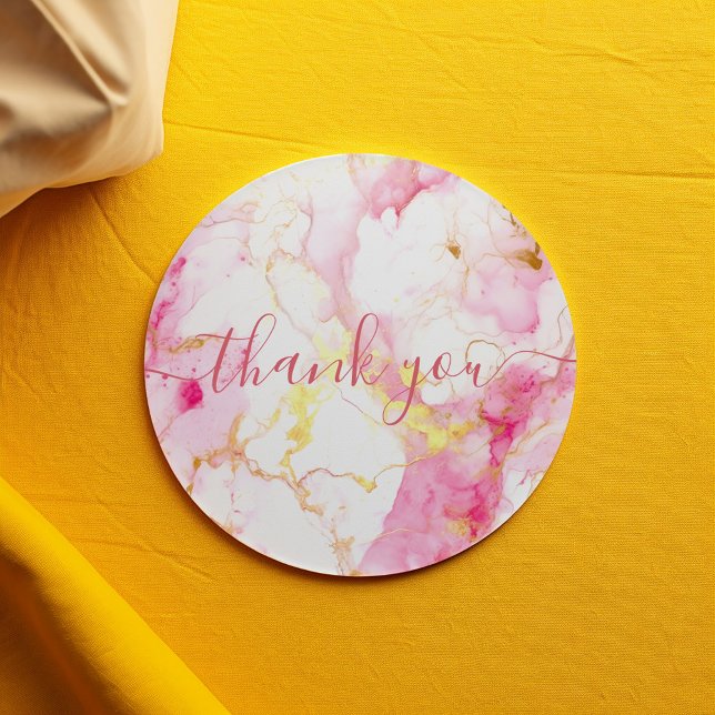 Pink and gold marble customer thank you classic round sticker (Pink and gold marble thank you script sticker.)