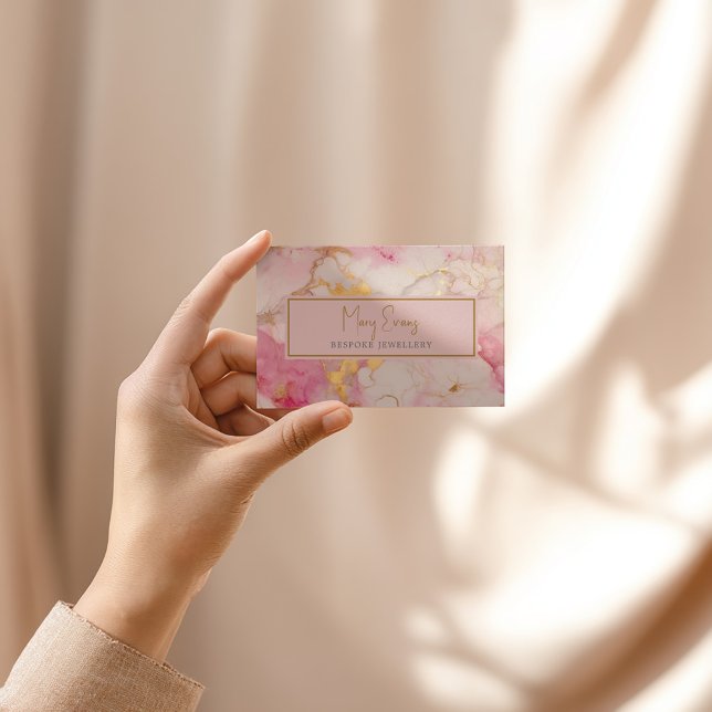 Pink and gold marble effect business card (Blush pink marble card with gold script and elegant frame)