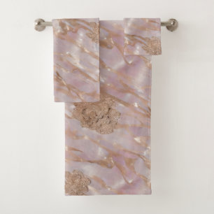 Pink and Gold Marble Floral Bath Towel Set