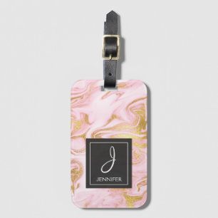 Pink and Gold Marble Monogram Luggage Bag Tag