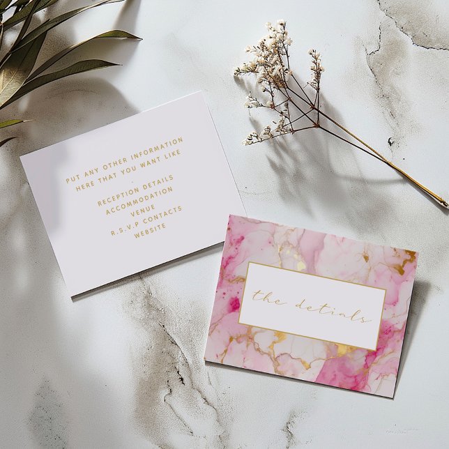 Pink and gold marble the details wedding enclosure card (Back and front Wedding "the details" card: Pretty pink and gold marble frame with gold script.)