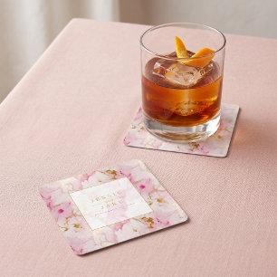 Pink and gold marble Wedding Welcome sign Square Paper Coaster