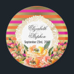 Pink and Gold Metallic Stripes w/ Florals Wedding Magnet<br><div class="desc">A fancy magnet for your wedding with an elegant pattern composed of pink,  orange and faux gold metallic horizontal stripes. Layered over top is a frame with a gold decorative border with a white centre. Pink and orange watercolor flowers decorate the bottom.</div>
