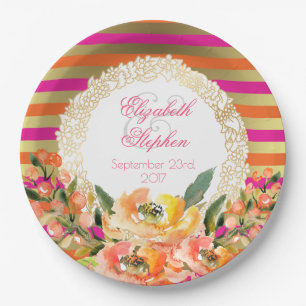 Pink and Gold Metallic Stripes w/ Florals Wedding Paper Plate