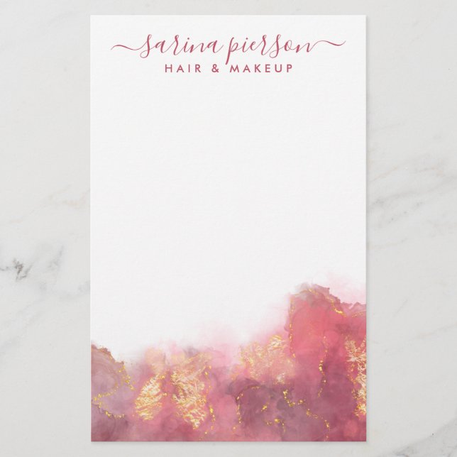 Pink And Gold Modern Art Liquid Watercolor Ink Stationery (Front)