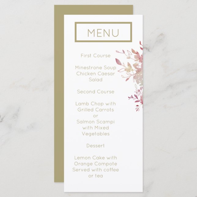 Pink and Gold Modern Minimalist Wedding Menu (Front/Back)