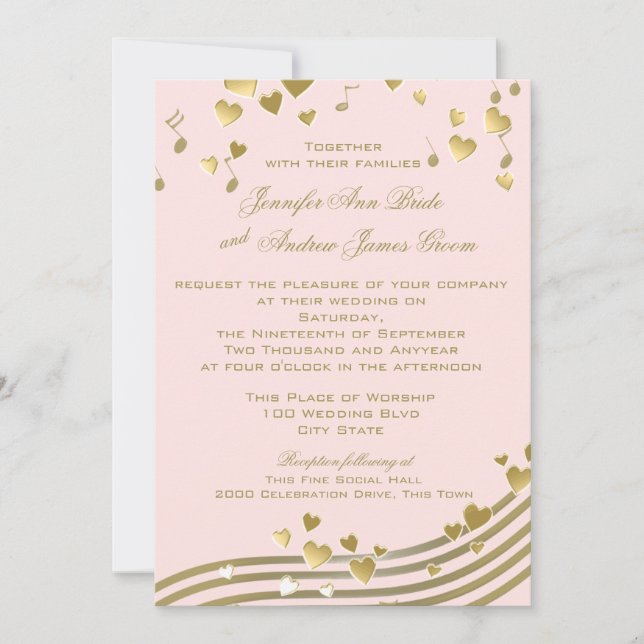 Pink and Gold Music Hearts Invitation (Front)
