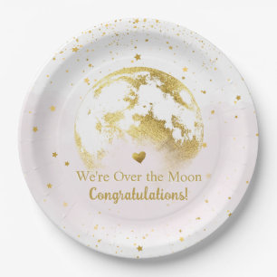 Pink and Gold Over the Moon Baby Shower Paper Plate