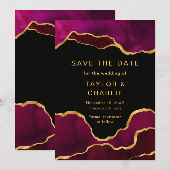 Pink and Gold Painted Agate Save the Date (Front/Back)