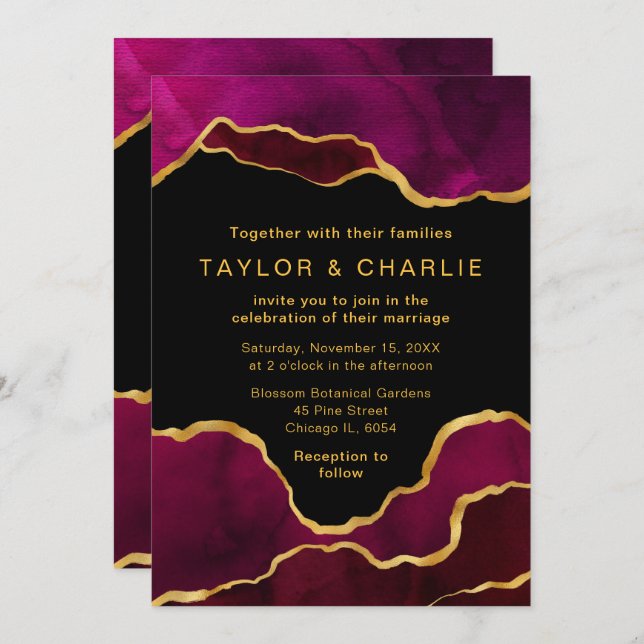 Pink and Gold Painted Agate Wedding Invitation (Front/Back)