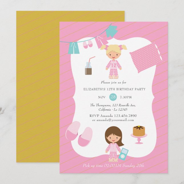 Pink and Gold Pajama Pancake Girl Birthday Party Invitation (Front/Back)