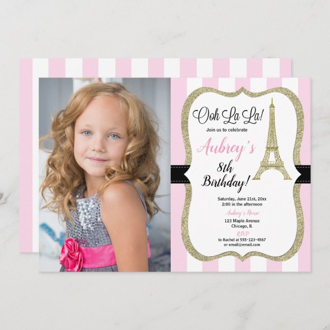 Pink and gold Paris Eiffel tower birthday photo Invitation (Front/Back)