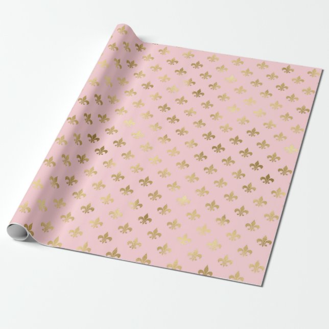 Pink and Gold Paris Foil Fleur de Lis Wrapping Paper (Unrolled)