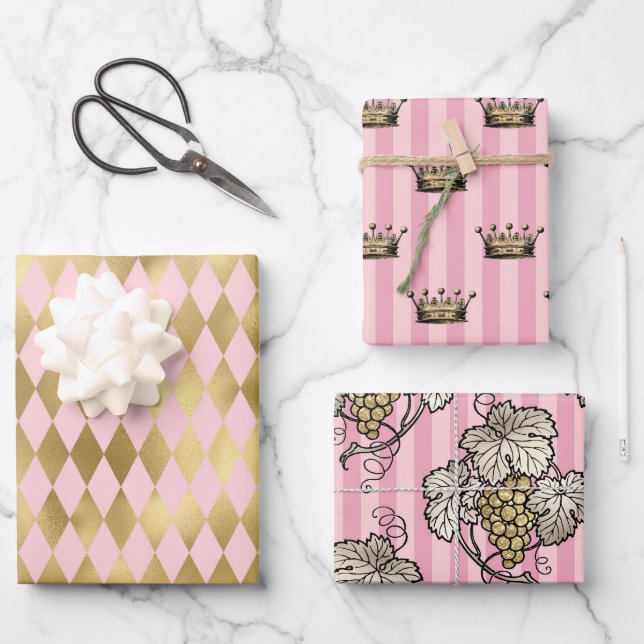 Pink and Gold Paris themed Wrapping Paper Sheet (Front)