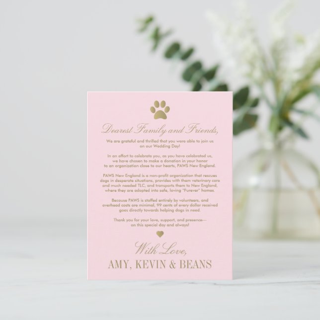 Pink and Gold Paw Print Wedding Charity Enclosure Card (Standing Front)
