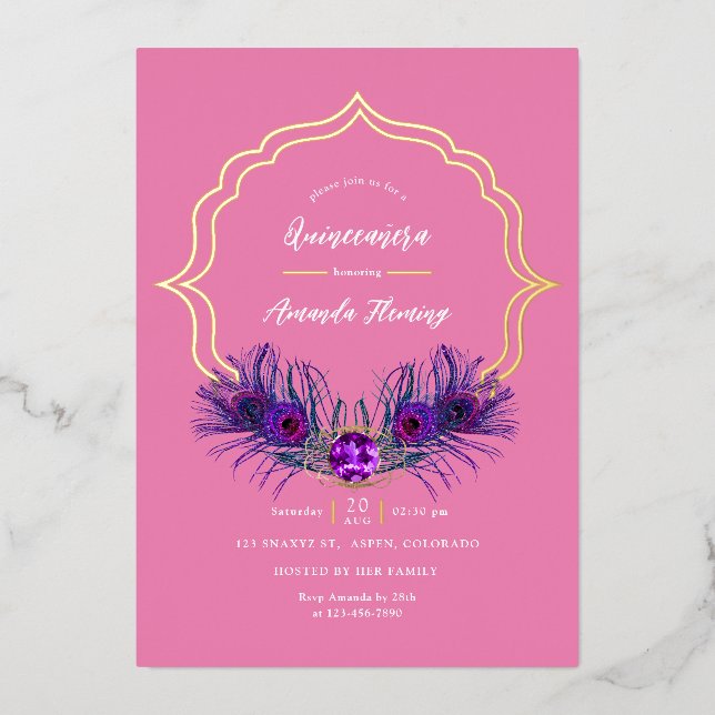 Pink and Gold Peacock Floral Quinceañera Foil Invi (Front)