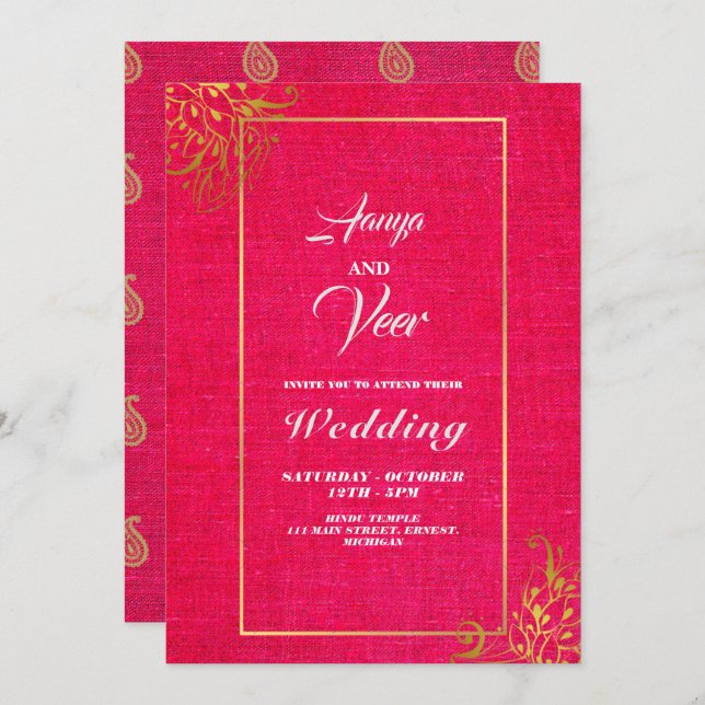 Pink and Gold Peacock Indian Wedding Invitation (Front/Back)
