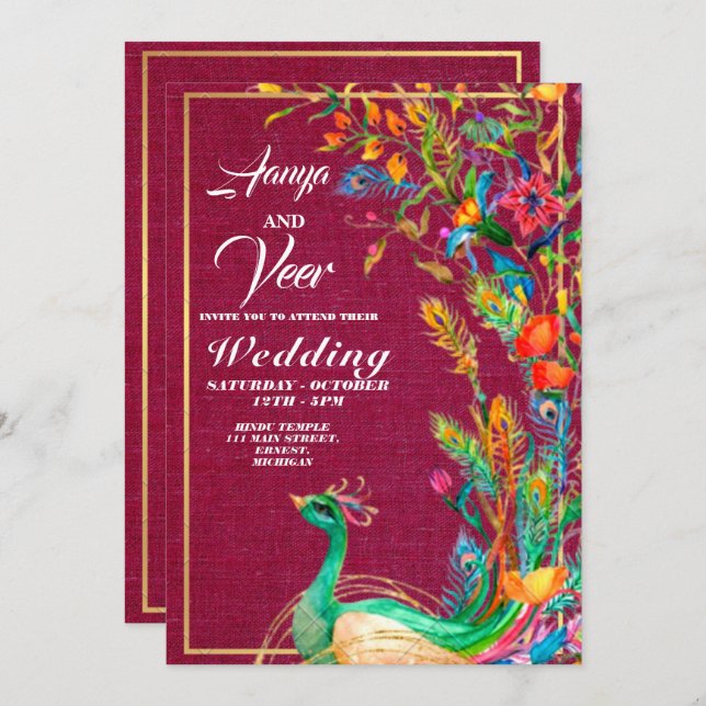 Pink and Gold Peacock Indian Wedding Invitation (Front/Back)