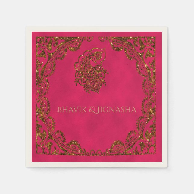 Pink and Gold Peacock Indian Wedding Napkin (Front)