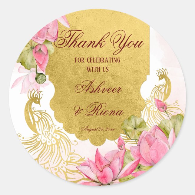 Pink and gold peacock lotus Indian wedding  Classic Round Sticker (Front)