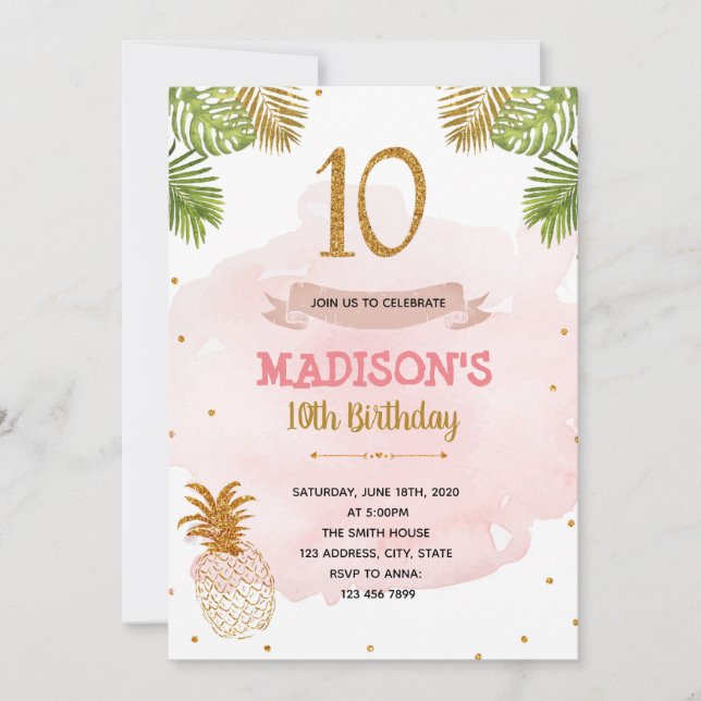 Pink and gold pineapple 10th birthday party invitation (Front)