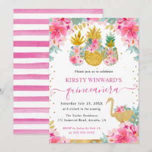 Pink and Gold Pineapples and Flamingo Quinceanera Invitation