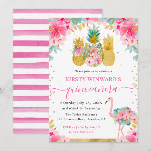 Pink and Gold Pineapples and Flamingo Quinceanera Invitation
