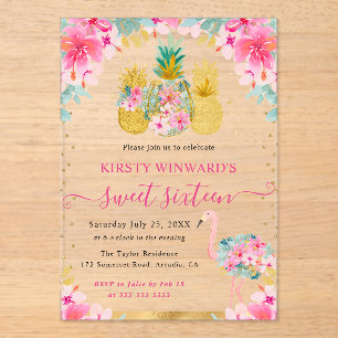 Pink and Gold Pineapples and Flamingo Sweet 16 Acrylic Invitations