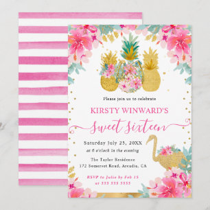 Pink and Gold Pineapples and Flamingo Sweet 16 Invitation