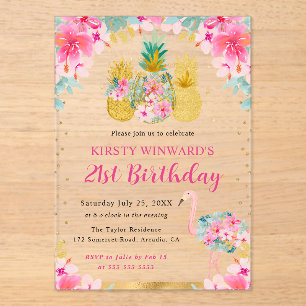 Pink and Gold Pineapples & Flamingo 21st Birthday Acrylic Invitations