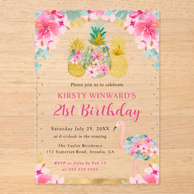 Pink and Gold Pineapples & Flamingo 21st Birthday Acrylic Invitations (Front)