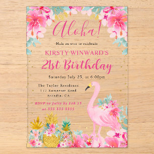 Pink and Gold Pineapples & Flamingo 21st Birthday Acrylic Invitations