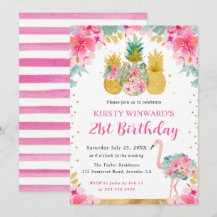 Pink and Gold Pineapples & Flamingo 21st Birthday Invitation