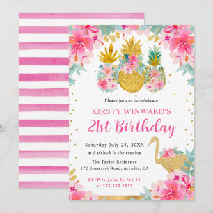 Pink and Gold Pineapples & Flamingo 21st Birthday Invitation