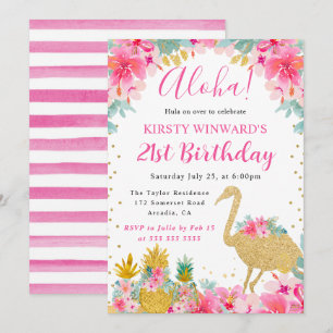 Pink and Gold Pineapples & Flamingo 21st Birthday Invitation