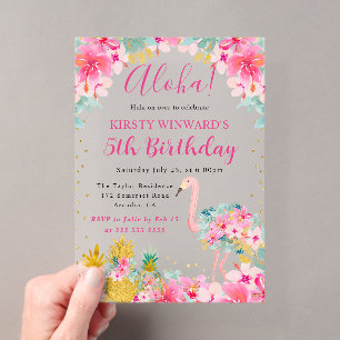 Pink and Gold Pineapples & Flamingo Kids Birthday Acrylic Invitations