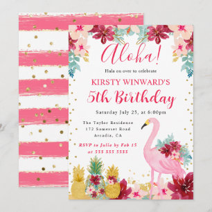Pink and Gold Pineapples & Flamingo Kids Birthday Invitation