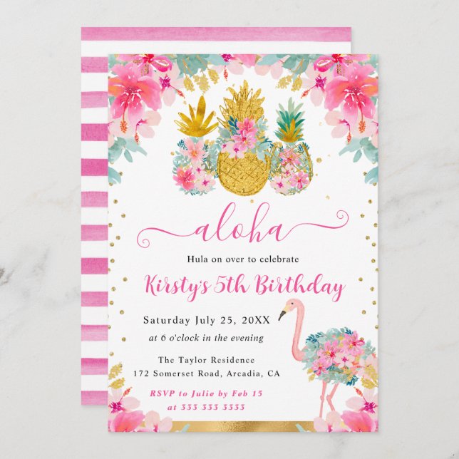 Pink and Gold Pineapples & Flamingo Kids Birthday Invitation (Front/Back)