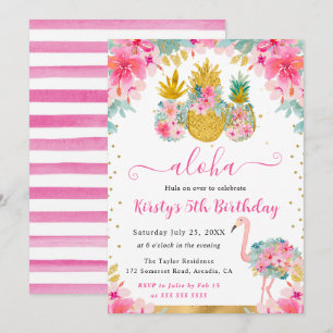 Pink and Gold Pineapples & Flamingo Kids Birthday Invitation