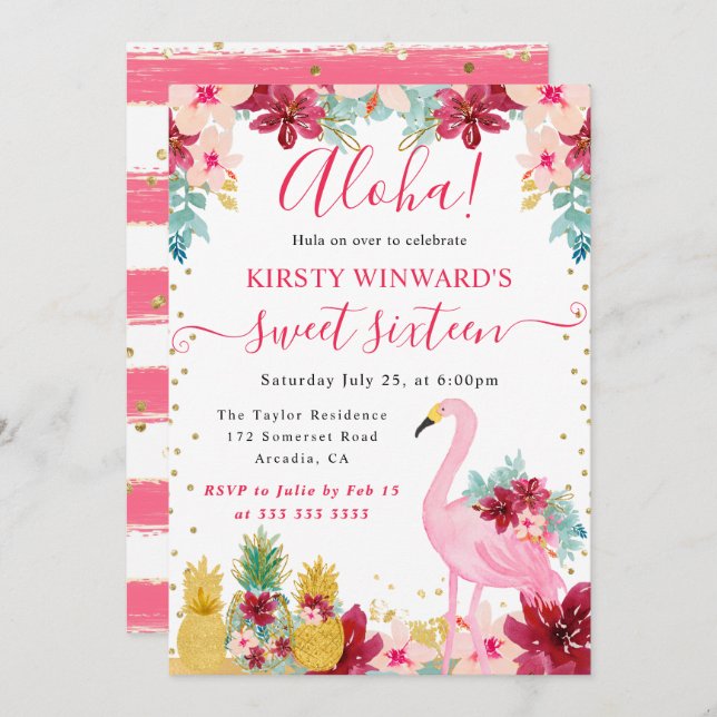 Pink and Gold Pineapples & Flamingo Sweet 16 Invitation (Front/Back)