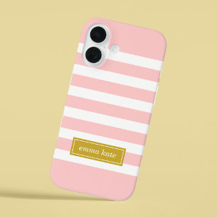 Pink and Gold Preppy Stripes Monogram iPhone 16 Case