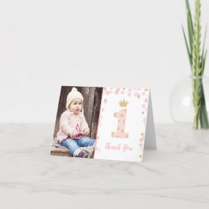 Pink and Gold Princess 1st Birthday Thank You Card