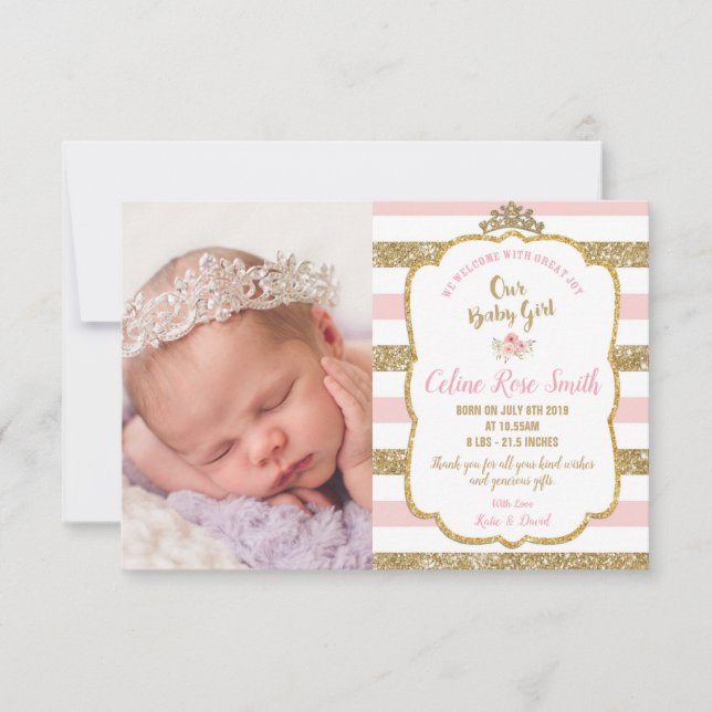 Pink and Gold Princess Baby Girl Birth Announcement (Front)