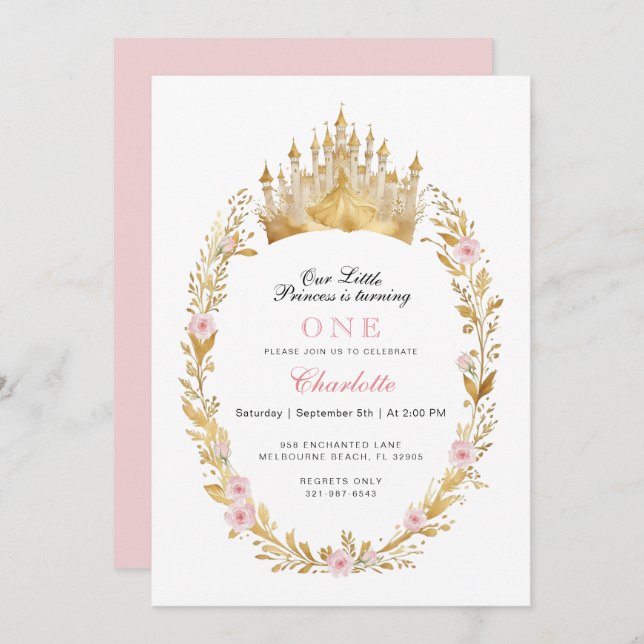 Pink and Gold Princess Birthday Invitation (Front/Back)