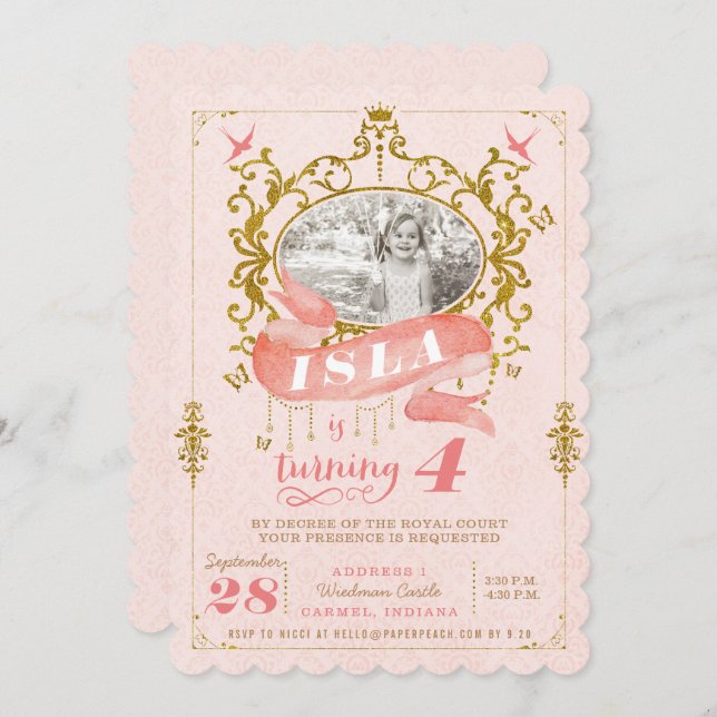 Pink and Gold Princess Birthday Party Invitations (Front/Back)