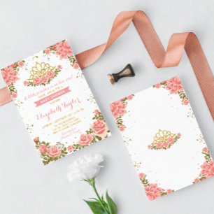Pink and Gold Princess Crown Floral Baby Shower Invitation
