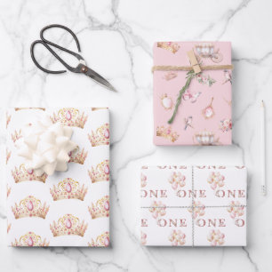Pink and Gold Princess Crown Girl 1st Birthday Wrapping Paper Sheet