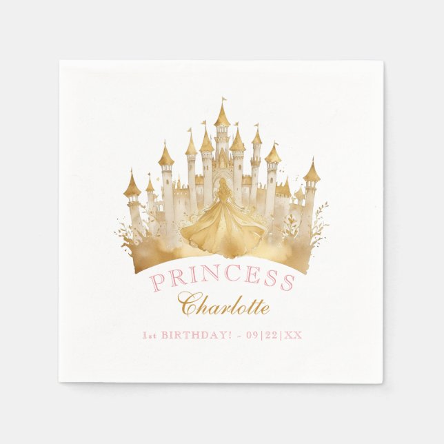 Pink and Gold Princess Crown Party Royal Birthday Napkin (Front)